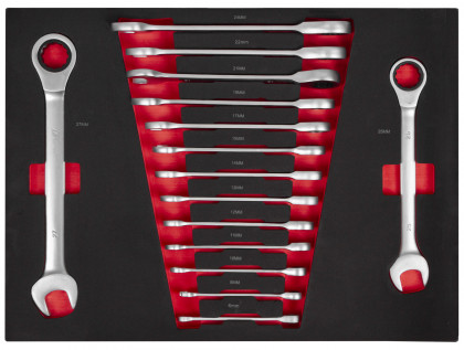 Ráčnové očkoploché klíče ve výplni do dílenského vozíku, 15 ks - AH12449-RK