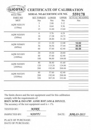 Momentový klíč LICOTA 3/8" s certifikátem, 12-60 Nm - LIN3060