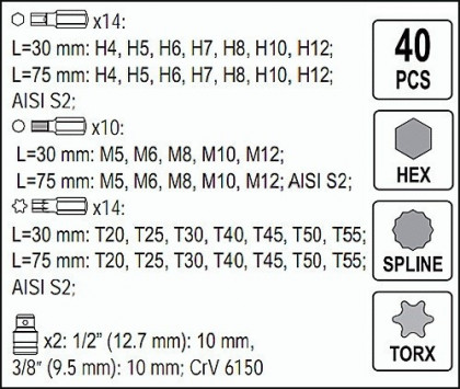 Sada 40ks bitů, profily H, M, T v kovovém pouzdře - AH144101