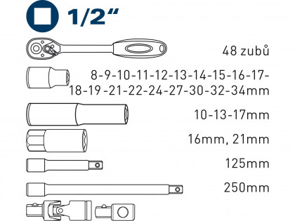 Hlavice nástrčné, sada 29ks, 1/2"