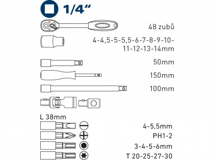 Hlavice nástrčné a zástrčné, sada 31ks, 1/4"