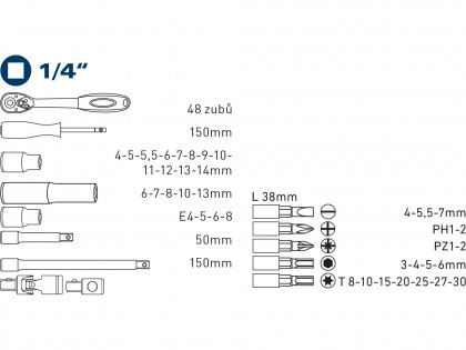 Hlavice nástrčné a zástrčné, sada 45ks, 1/4"