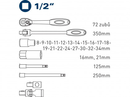 Hlavice nástrčné, sada 27ks, 1/2"