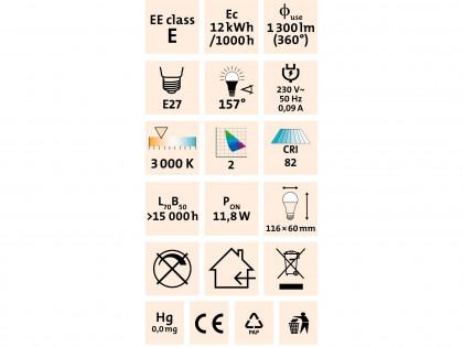 žárovka LED klasická, 1055lm, 12W, E27, teplá bílá