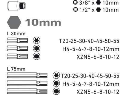 Hroty IMBUS-TORX-XZN, sada 40ks, pro ráčny 3/8", 1/2", CrV