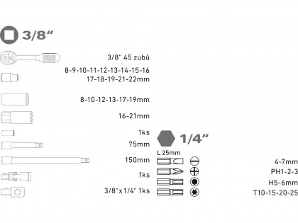 Hlavice nástrčné, sada 39ks, 3/8"