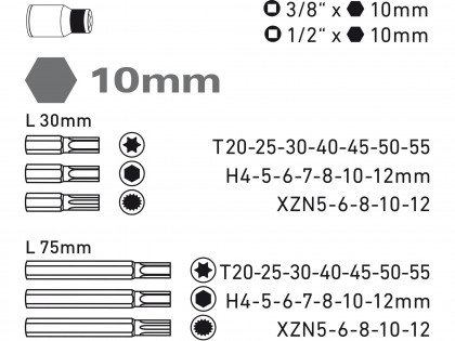 Hroty IMBUS-TORX-XZN, sada PROFI 40ks, pro ráčny 3/8", 1/2", CrV