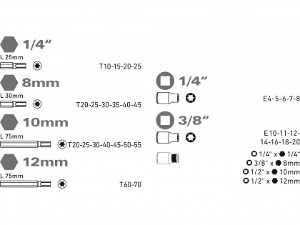 Hlavice a hroty Torx sada 35ks, 1/4",3/8", 1/2", CrV