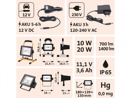 Reflektor LED, nabíjecí s podstavcem, 700/1400lm, Li-ion