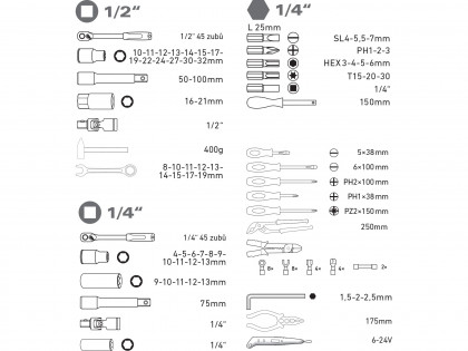 Sada nářadí 100ks, 1/4", 1/2", CrV