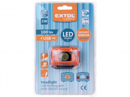 čelovka 100lm, USB nabíjení, s IR čidlem, 3W LED