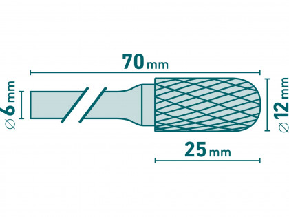 Fréza karbidová, válcová s kulovým čelem, pr.12x25mm/stopka 6mm,sek střední (double-cut)