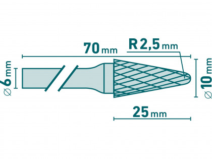 Fréza karbidová, konická 14° zakulacená, pr.10x25mm/stopka 6mm,sek střední (double-cut)