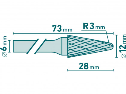 Fréza karbidová, konická 14° zakulacená, pr.12x28mm/stopka 6mm,sek střední (double-cut)