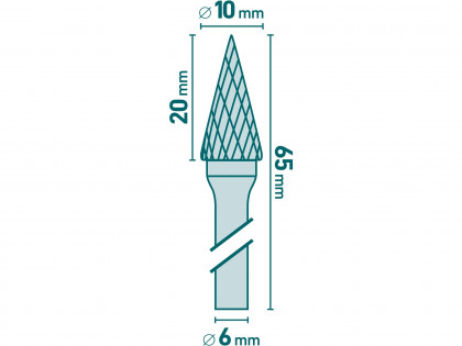 Fréza karbidová, konická-jehlan, pr.10x20mm/stopka 6mm,sek střední (double-cut)