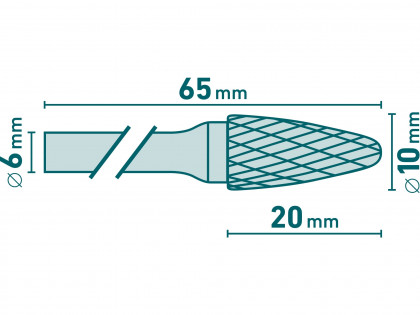 Fréza karbidová, kulatý oblouk, pr.10x20mm/stopka 6mm,sek střední (double-cut)