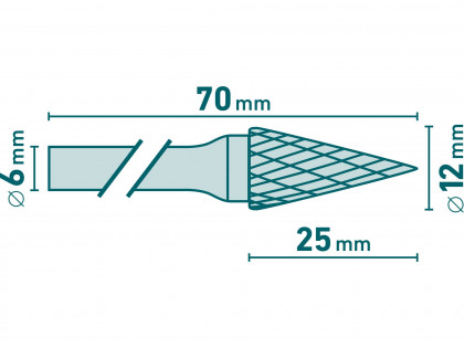 Fréza karbidová, konická-jehlan, pr.12x25mm/stopka 6mm,sek střední (double-cut)