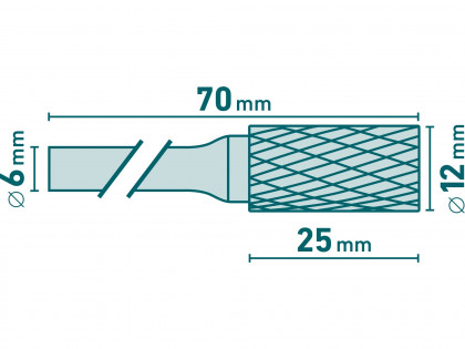 Fréza karbidová, válcová s čelním ozubením, pr.12x25mm/stopka 6mm,sek střední (double-cut)