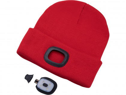 čepice s čelovkou 4x45lm, USB nabíjení, červená, univerzální velikost, 73% acryl a 27% polyester
