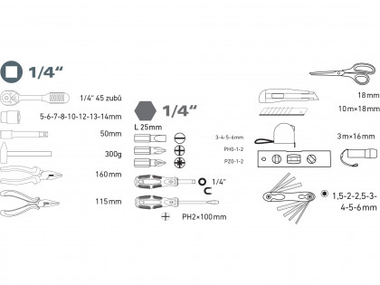 Sada nářadí 47ks, 1/4", CrV