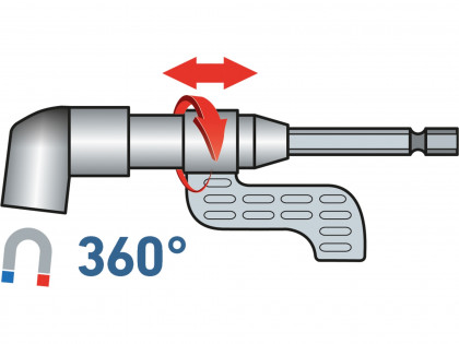 úhlový nástavec/držák hrotů do vrtačky, 1/4"x140mm (105°) s magnetem