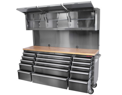 Pojízdný pracovní stůl s děrovanou deskou a horními skříňkami - AH7218