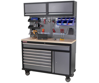 Mobilní pracovní stůl s děrovanou deskou a horními skříňkami - AH1371A