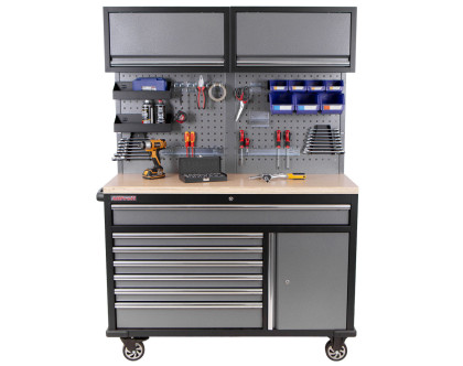 Mobilní pracovní stůl s děrovanou deskou a horními skříňkami - AH1371A