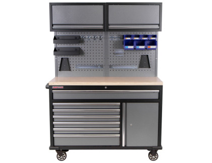 Mobilní pracovní stůl s děrovanou deskou a horními skříňkami - AH1371A