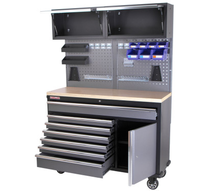 Mobilní pracovní stůl s děrovanou deskou a horními skříňkami - AH1371A