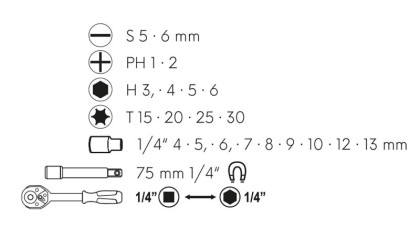 Sada oboustranná ráčna s bity a adaptery 1/4&quot; 23ks