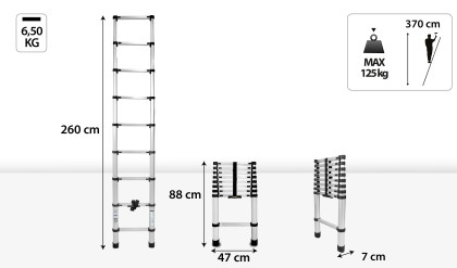 Hliníkový teleskopický žebřík, 9 stupňů, 2,6 m, max. zátěž 125 kg