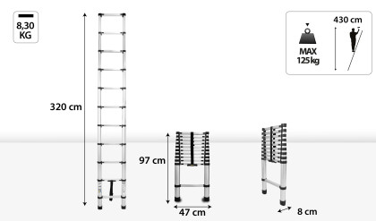 Hliníkový teleskopický žebřík, 11 stupňů, 3,2 m, max. zátěž 125 kg