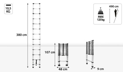 Hliníkový teleskopický žebřík, 13 stupňů, 3,8 m, max. zátěž 125 kg
