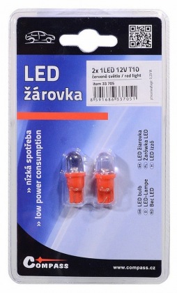 Žárovka 1LED 12V  T10  červená  2ks