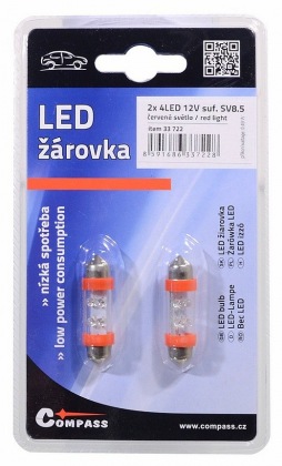 Žárovka 4LED 12V  suf. SV8.5 38mm červená  2ks