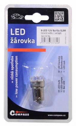 Žárovka 9LED 12V  Ba15s červená úzká