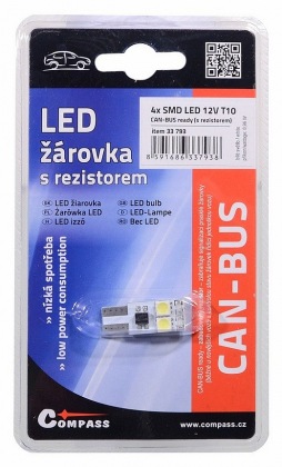 Žárovka 4 SMD LED 12V T10 s rezistorem CAN-BUS ready bílá