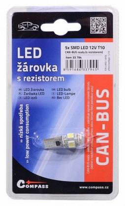Žárovka 5 SMD LED 12V T10 s rezistorem CAN-BUS ready bílá