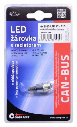 Žárovka 6 SMD LED 12V T10 s rezistorem CAN-BUS ready bílá