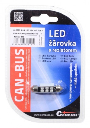 Žárovka 6 SMD LED 12V suf. SV8.5 38mm s rezistorem CAN-BUS modrá