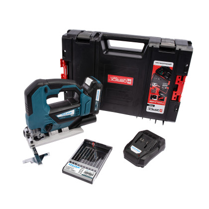 Aku přímočará pila bezuhlíková 18 V + baterie 2.0 Ah + nabíječka 2.4 A + pilové plátky + box