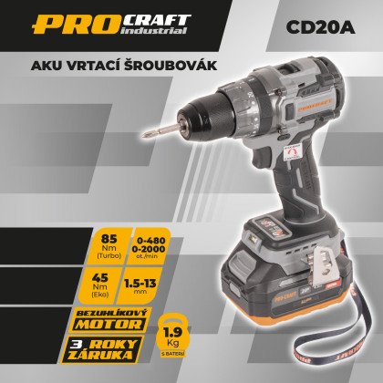 Aku vrtací šroubovák Procraft Industrial CD20Abb (bez baterie a nabíječky) | CD20Abb