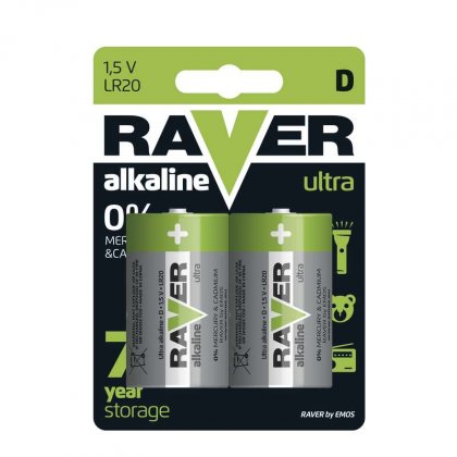 Alkalická baterie RAVER LR20 (D), blistr