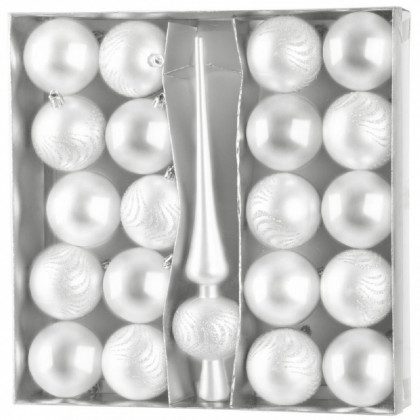 Baňky MagicHome, sada, 21 ks, 6 cm, bílé, špice na vánoční stromeček