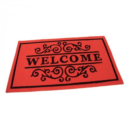 Červená textilní vstupní čistící vnitřní rohož Welcome - Deco, FLOMA - délka 45 cm, šířka 75 cm a výška 0,3 cm