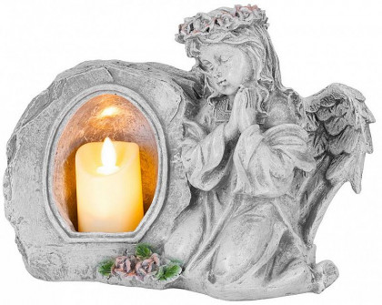 Dekorace MagicHome, Anděl modlící se svíčkou, LED, polyresin, na hrob, 28x13x21,5cm