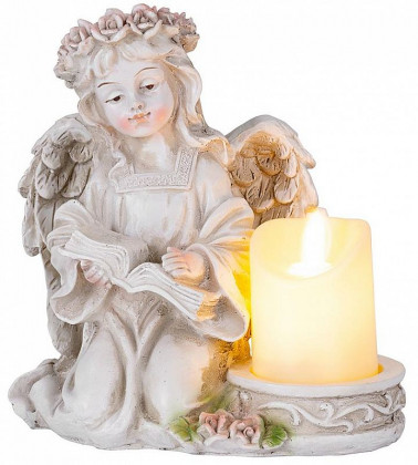 Dekorace MagicHome, Anděl s knihou a svíčkou, LED, polyresin, na hrob, 17,5x14,5x17,5 cm