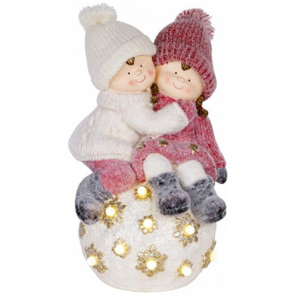 Dekorace MagicHome, Chlapec a holčička na kouli, 9 LED, 3xAA, keramika, interiér, 32,5x30x50cm