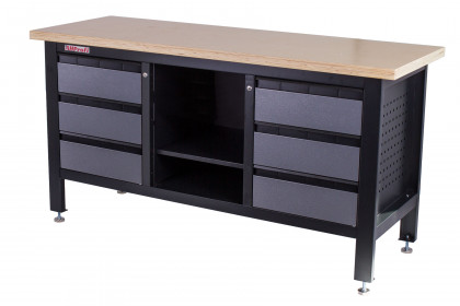 Dílenský ponk s dřevěnou pracovní deskou, 6 zásuvek, police - TSK7506-LS